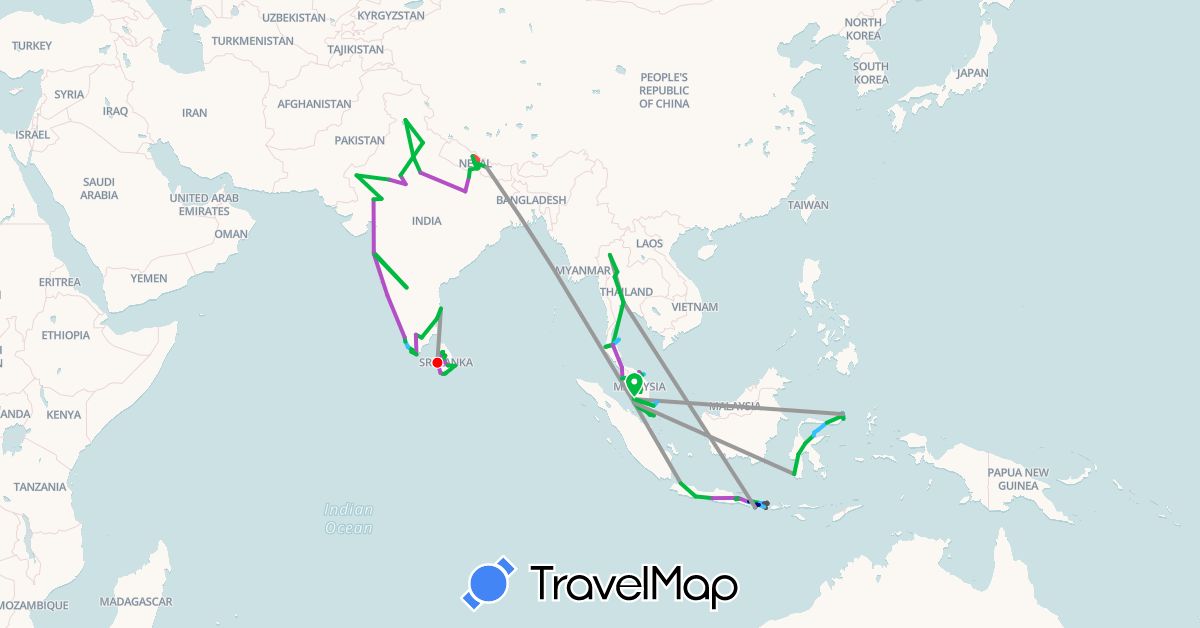 TravelMap itinerary: driving, bus, plane, train, hiking, boat, motorbike, tuk-tuk in Indonesia, India, Sri Lanka, Malaysia, Nepal, Singapore, Thailand (Asia)